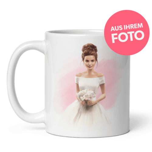 Personalisierte Tasse für Braut im weißen Kleid - personalisiert vom Foto