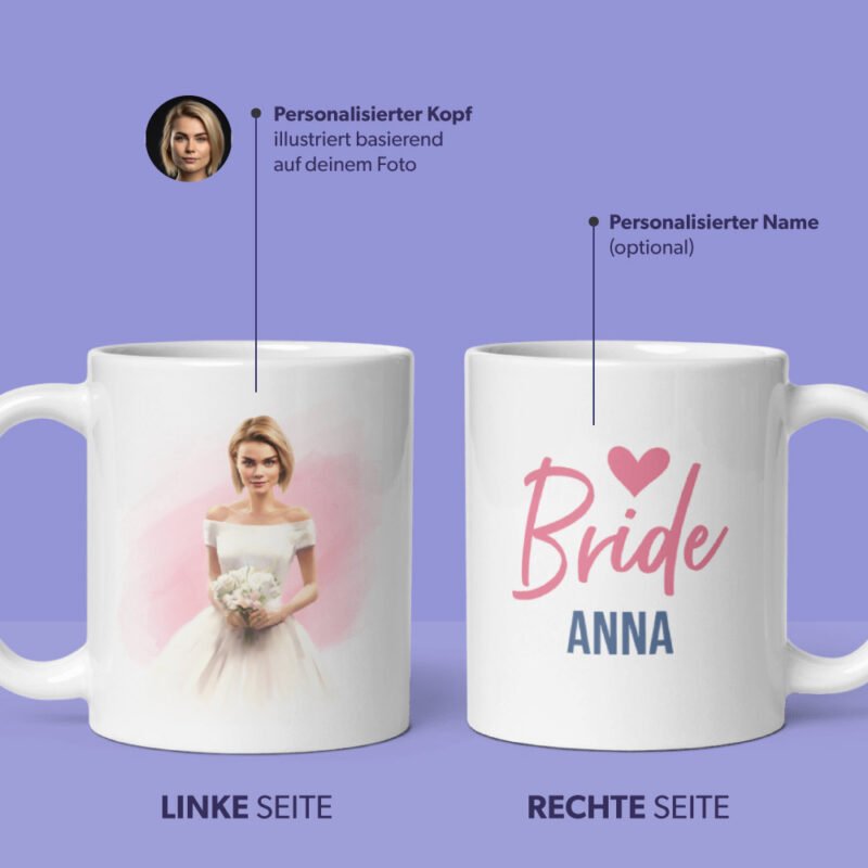 Personalisierte Brauttasse - Brautillustration von Foto mit personalisiertem Namen und Herz