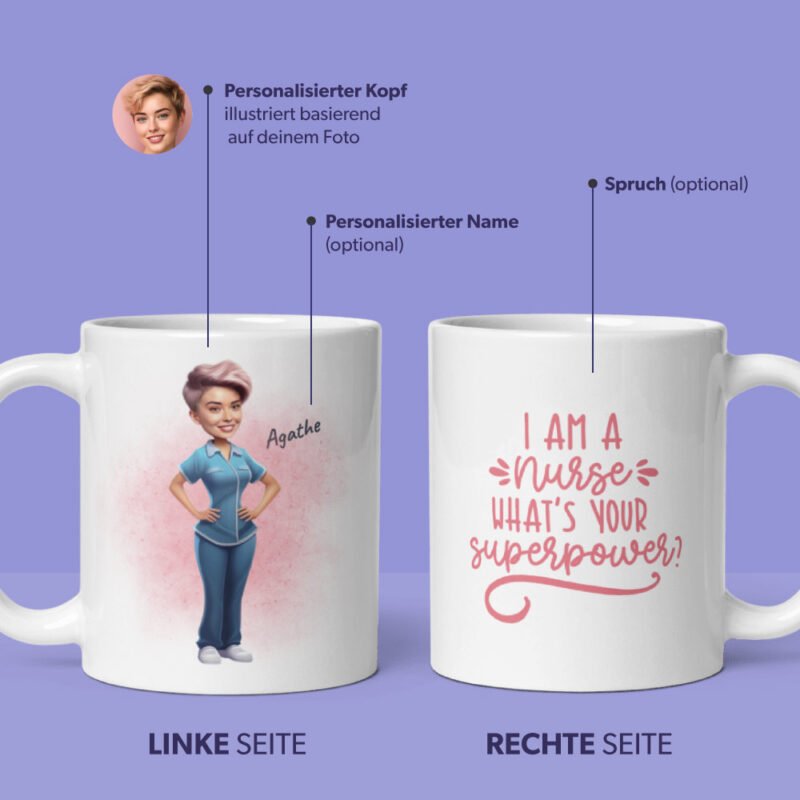 Vorschau Ihrer personalisierten Krankenschwestertasse – alle Personalisierungsoptionen