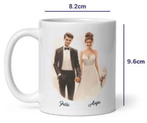 11oz weiße personalisierte Hochzeitspaar Becher Abmessungen in Zentimetern