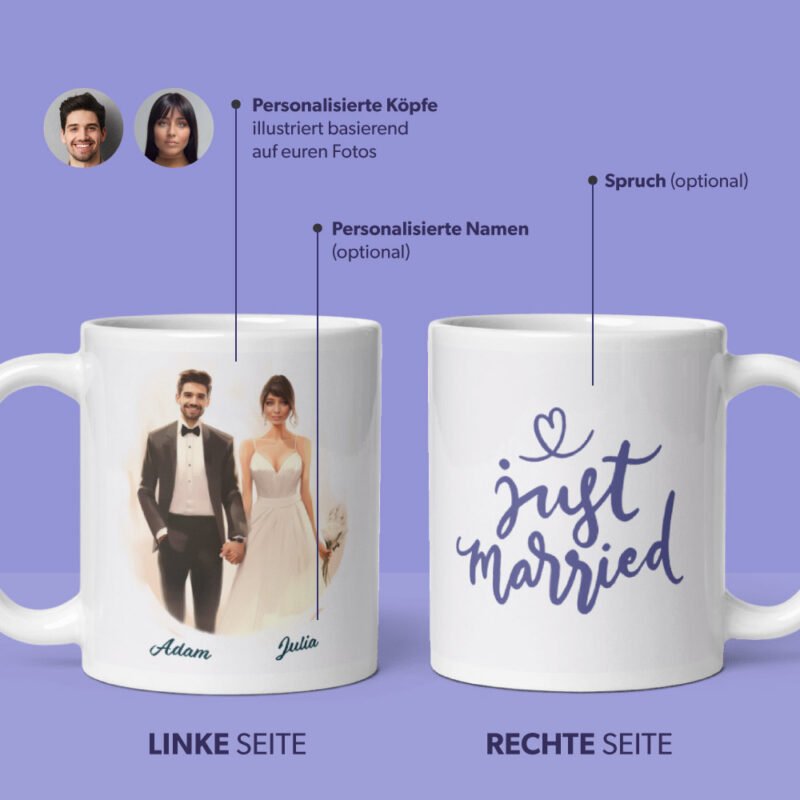 personalisierte Hochzeitspaartasse - personalisierte Braut und Bräutigam Illustrationen mit Namen auf lila Hintergrund