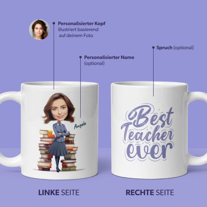 personalisierte Tasse für Lehrerin auf lila Schreibtisch – alle Personalisierungsoptionen