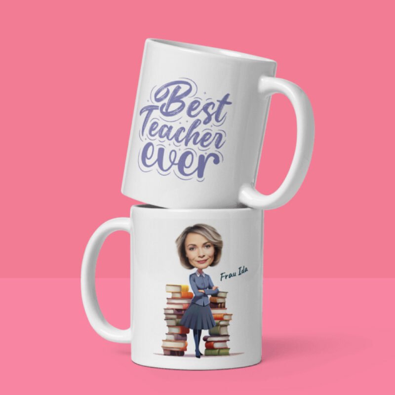 Tasse für Lehrerin – Mockups für die linke und rechte Seite – personalisierte Illustration von Ihrem Foto mit Zitat