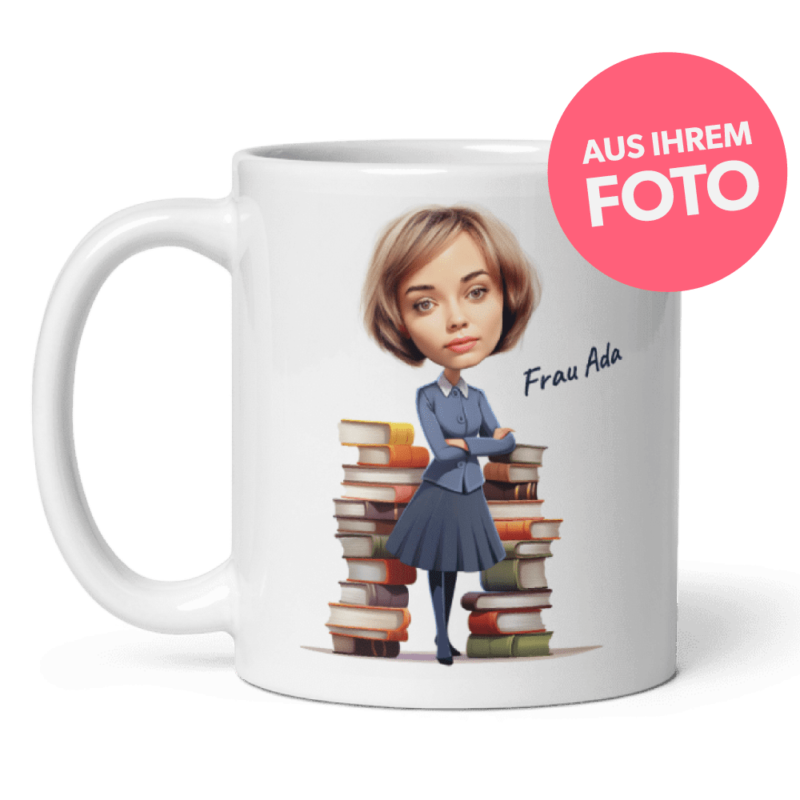 personalisierte Tasse für Lehrerin – große Kopfillustration vom Foto