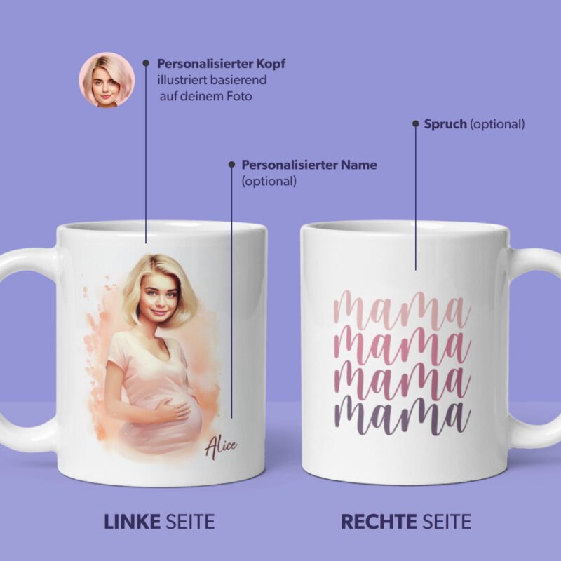 Vollständig personalisierte Tassen für schwangere Mütter, Vorschau mit Personalisierungsoptionen, vom Foto und mit personalisiertem Frauennamen, auf lila Hintergrund