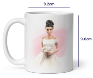 Personalisierte Hochzeitstasse für besonderen Tag - benutzerdefinierte Illustration der Braut mit schwarzen Haaren auf weißer Tasse gedruckt - Abmessungen in Zentimetern