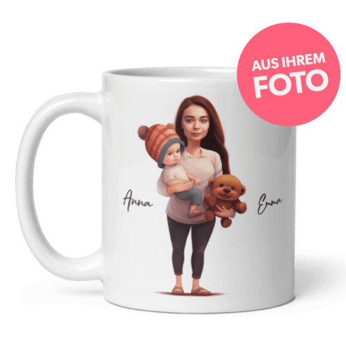 Personalisierte Tasse für Mama - Illustrierte Mama mit Baby und Teddybär