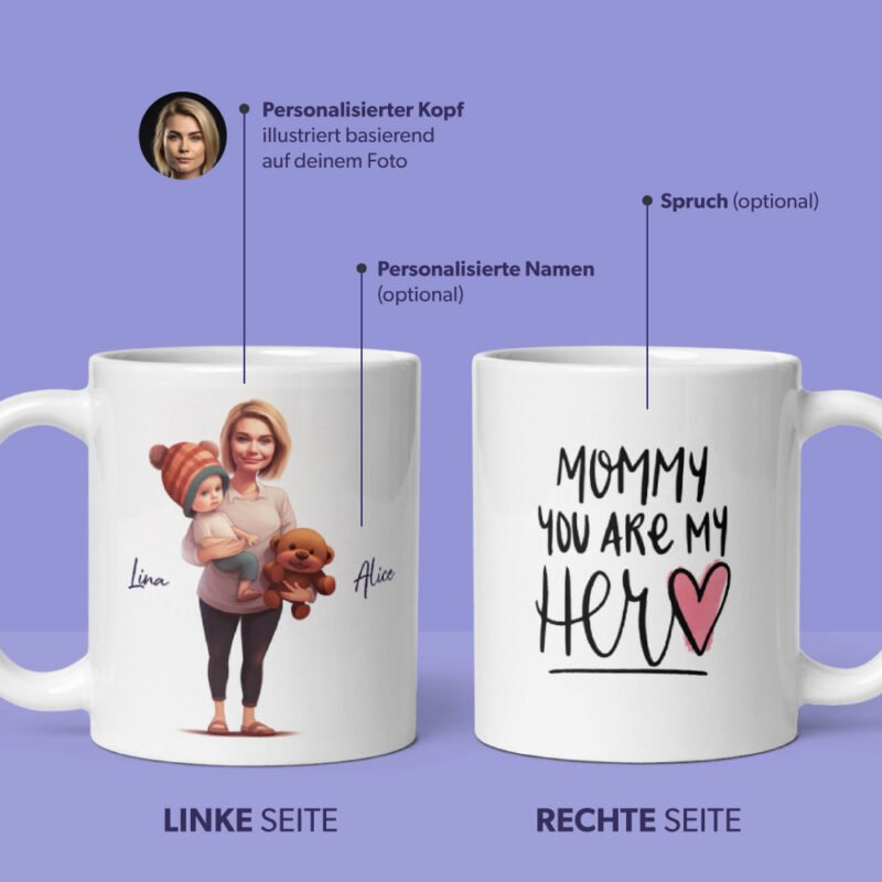 2 Tassen für Mama - personalisierte Illustration und Zitat "Mammy, du bist mein Held"