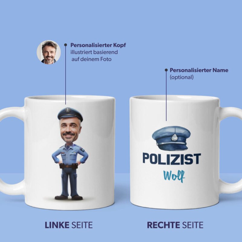 Personalisierte Polizeitassen auf blauem Hintergrund – Polizistenillustration vom Foto mit Namen