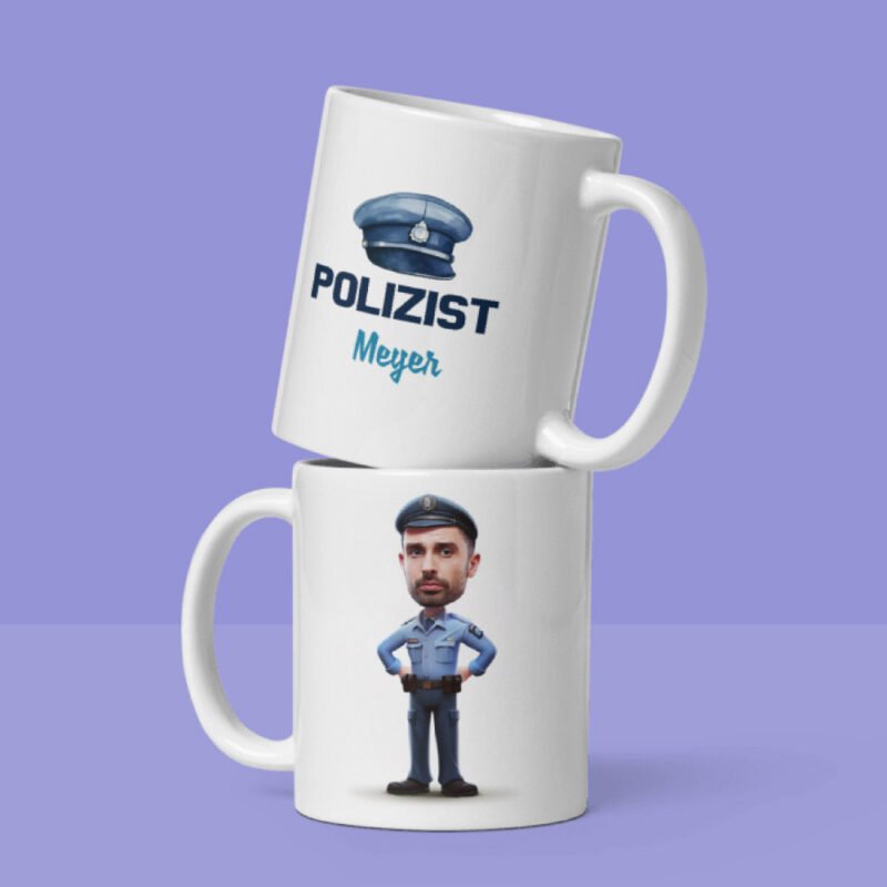 personalisierte Polizeitasse – 2 einzigartige Tassen auf lila Hintergrund