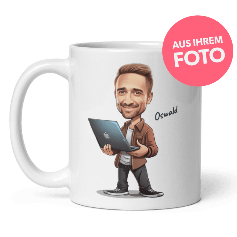 Personalisierte Tasse für Programmierer - Programmierer mit Laptop - Illustrierter Kopf von Ihrem Foto