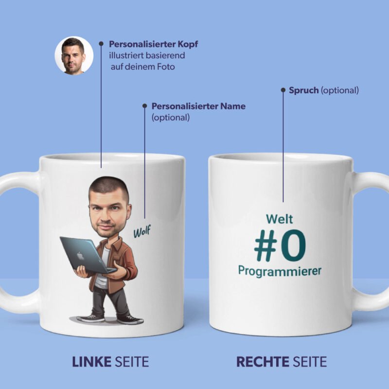 Personalisierte Programmierer-Tasse – mit Laptop – personalisiert mit Ihrem Foto und Namen