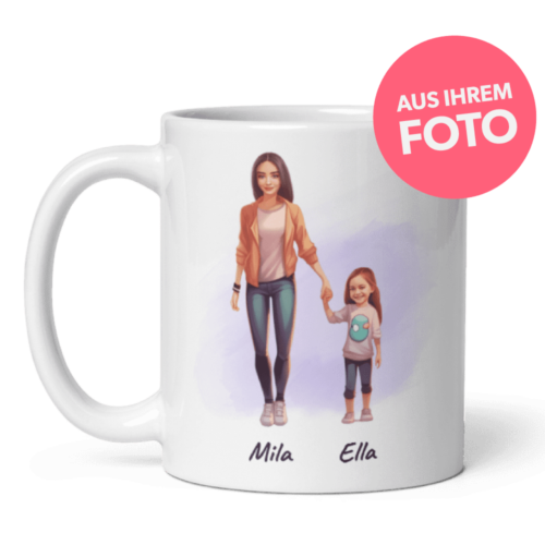 personalisierte Tasse für Mutter, Illustration der Mutter und ihrer kleinen Tochter, personalisierte Form Ihrer Fotos, mit Mama-Zitat