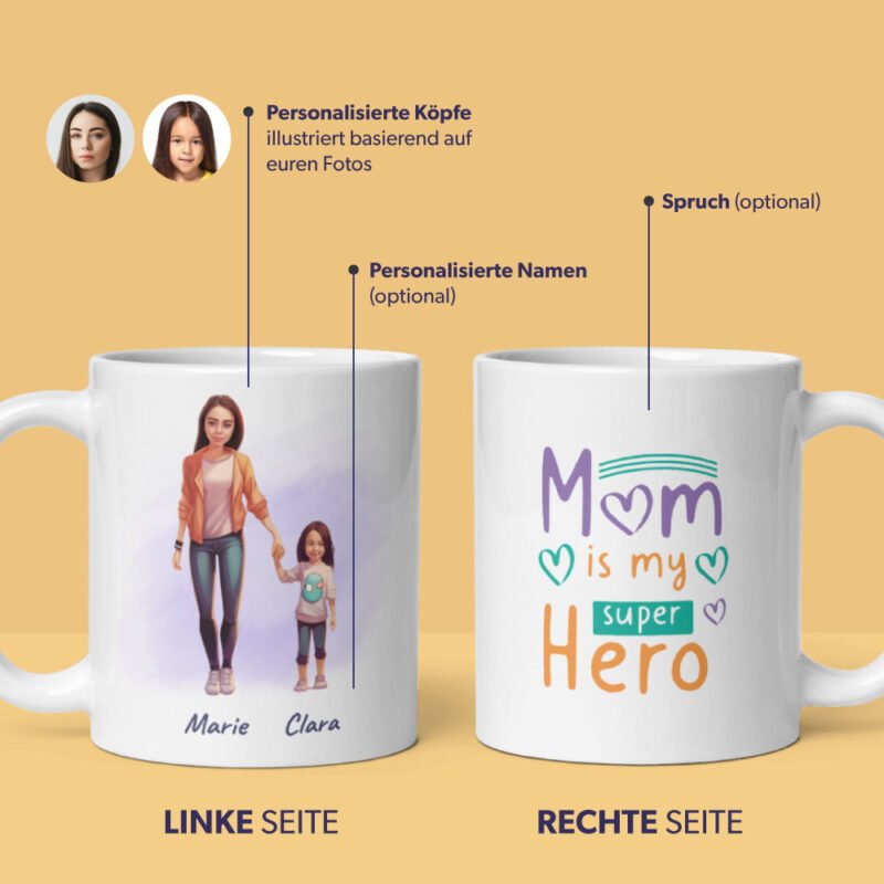 Personalisierte Tassen für Mama, Illustration von Mama und Tochter, die ihre Hände halten, und Tasse mit gedrucktem Zitat "Mama ist meine Superheldin", auf gelbem Hintergrund