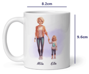 Personalisierte weiße Kaffeetasse, personalisiert für Mutter und Tochter, 11oz Abmessungen