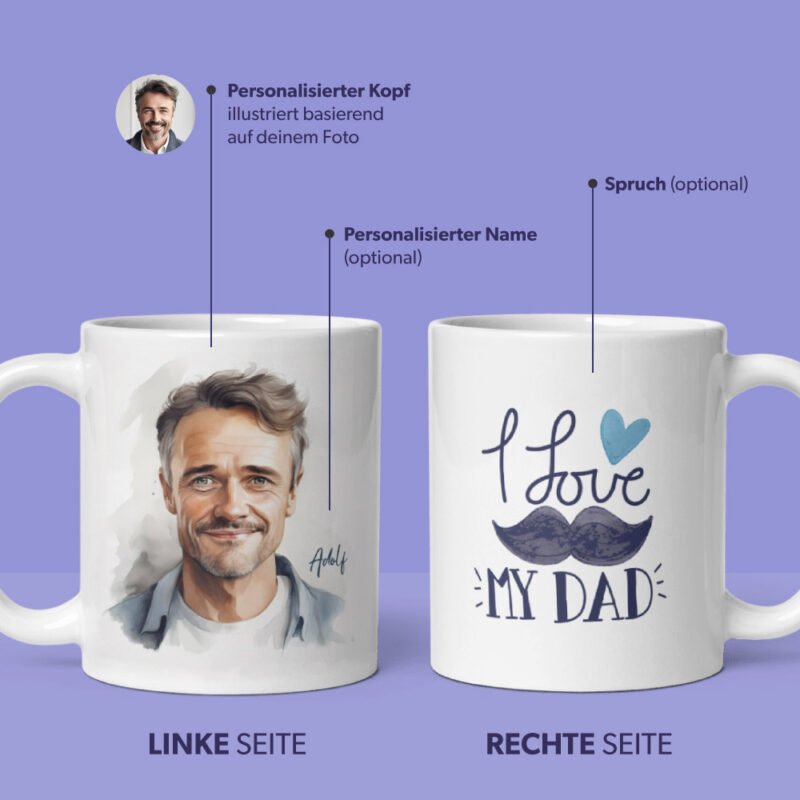 Personalisierte Papa-Tasse - Personalisiertes Aquarell-Porträt Ihres Vaters mit Papa-Zitat auf der rechten Seite der Tasse