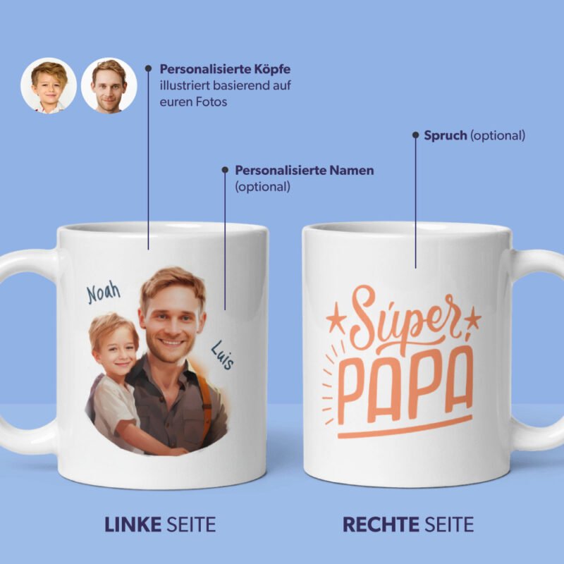 Zwei Tassen-Mockups, Vorschau der linken und rechten Seite der personalisierten Tassen für Vater und Sohn, mit benutzerdefinierten Illustrationen von ihren Fotos, ihren Namen und dem Zitat des Vaters "Super Papa"