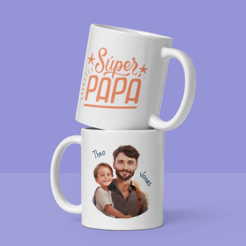 Personalisierte Illustration von Papa und seinem kleinen Kind, gedruckt auf der linken Seite der Tasse, und "Super Dad"-Zitat auf der rechten Seite der Tasse, in oranger Farbe