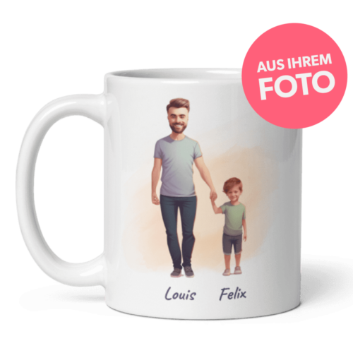 Illustration von Vater und Sohn auf personalisierter Tasse für Papa gedruckt