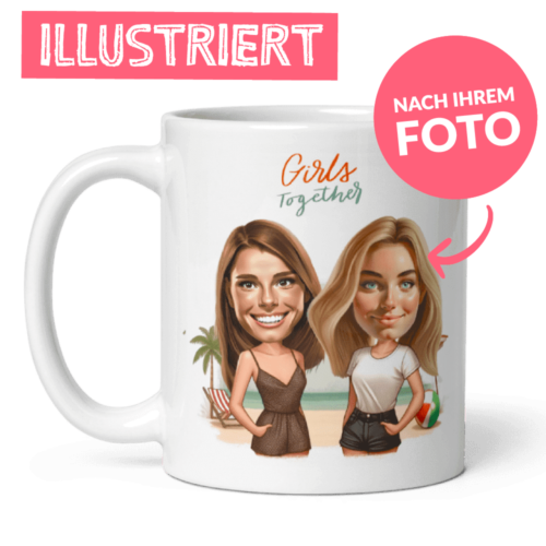 personalisierte Tasse für beste Freundin - Illustration von Mädchen am Strand mit Meerblick - illustriert von Fotos