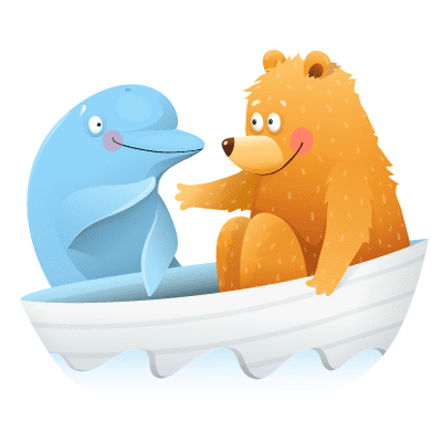 süße Illustration von Bär und Delfin im Boot