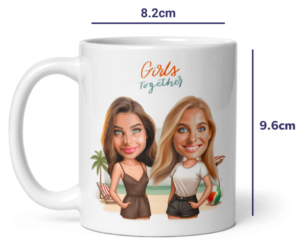 einzigartige Tasse für beste Freundin - Illustration von 2 Mädchen vor dem Meer, am Strand - personalisiert von ihren Fotos mit "Girls Together" Zitat