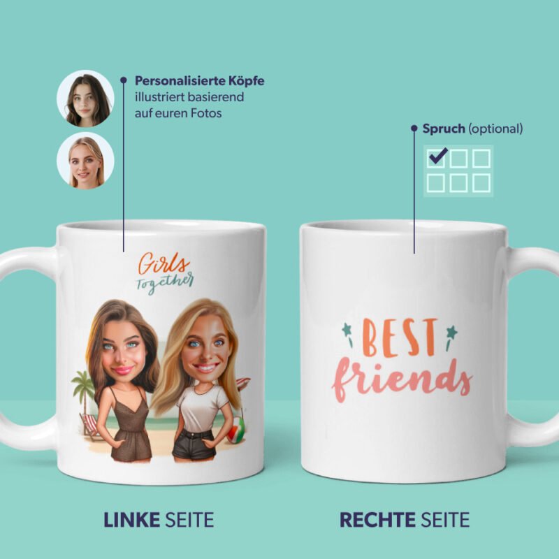 Tasse für beste Freundinnen - Personalisierte Illustration aus Fotos, mit benutzerdefinierten Freundschaftszitaten