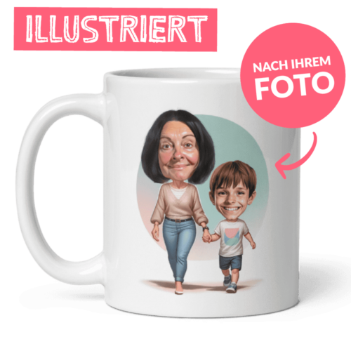 personalisierte Illustration von Oma mit Enkel gedruckt auf einer weiß glänzenden Kaffeetasse - personalisiertes Oma-Tassengeschenk