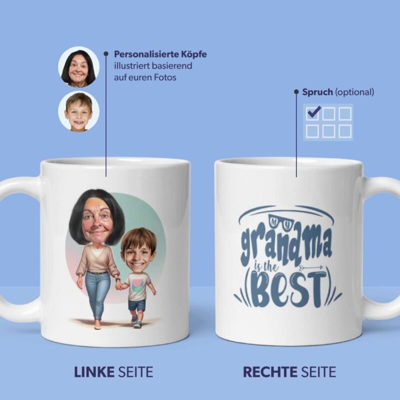 personalisierte Oma-Tasse mit Illustration von Oma, die eine Hand ihres Enkels einlocht - personalisiert von Fotos - mit benutzerdefiniertem Oma-Zitat auf der rechten Seite der Tasse, Tassenvorschau auf blauem Hintergrund