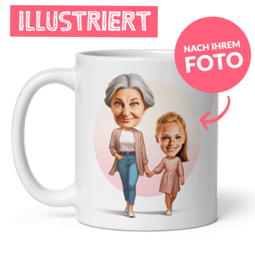 Oma und Enkelin personalisierte Tasse, personalisiert von ihren Fotos, handillustriert