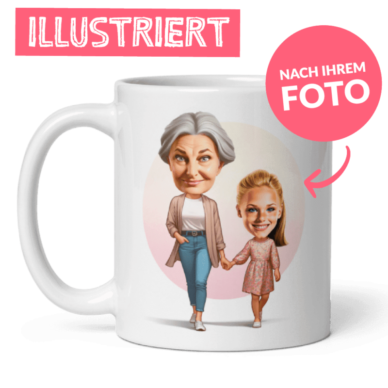 Oma und Enkelin personalisierte Tasse, personalisiert von ihren Fotos, handillustriert