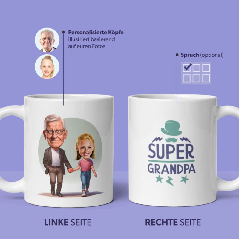 Personalisierte Tasse für Opa, benutzerdefinierte Tasse mit Opa und Enkelin Illustrationen von Fotos und mit benutzerdefiniertem Opa-Zitat