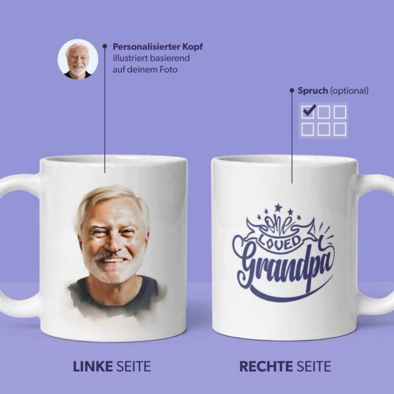 personalisierte Opa-Tasse, personalisierte Aquarell-Illustration von Opa vom Foto, mit benutzerdefiniertem Opa-Zitat