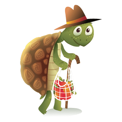 Illustration einer alten Opa-Schildkröte mit Tasche und Stock