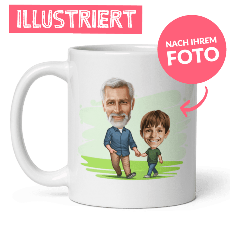 Personalisierte Tasse für Opa und Enkel - illustriert von Ihrem Foto mit individuellen Familienzitaten