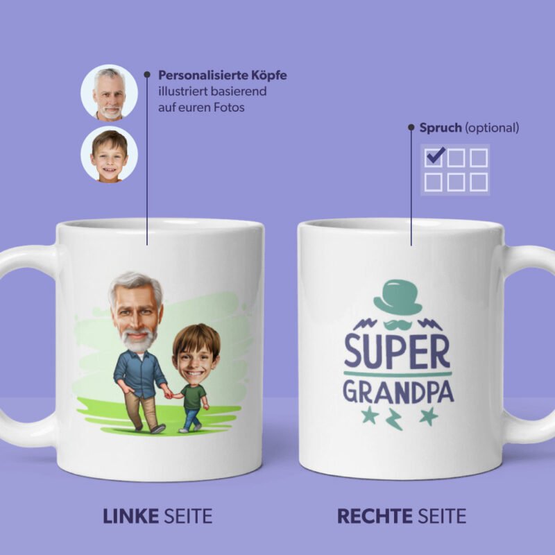 Personalisierte Oma Tasse - Illustration von Opa und Enkel vom Foto - gedruckt auf Kaffeetasse