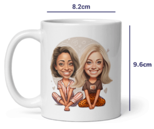 personalisierte Tasse für beste Freundinnen - Illustration von Mädchen im Pyjama von ihren Fotos, personalisierte Kaffeetasse für Freundinnen