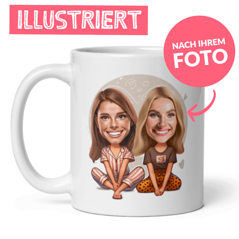 personalisierte Tasse für beste Freundinnen - Illustration von Freundinnen im Pyjama von ihren Fotos - Pijama Party