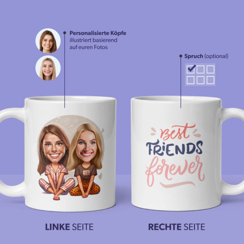 personalisierte Tasse für Freundinnen - Illustration von 2 besten Freundinnen - illustriert von ihren Fotos mit benutzerdefiniertem BFF-Zitat auf der rechten Seite der Tasse