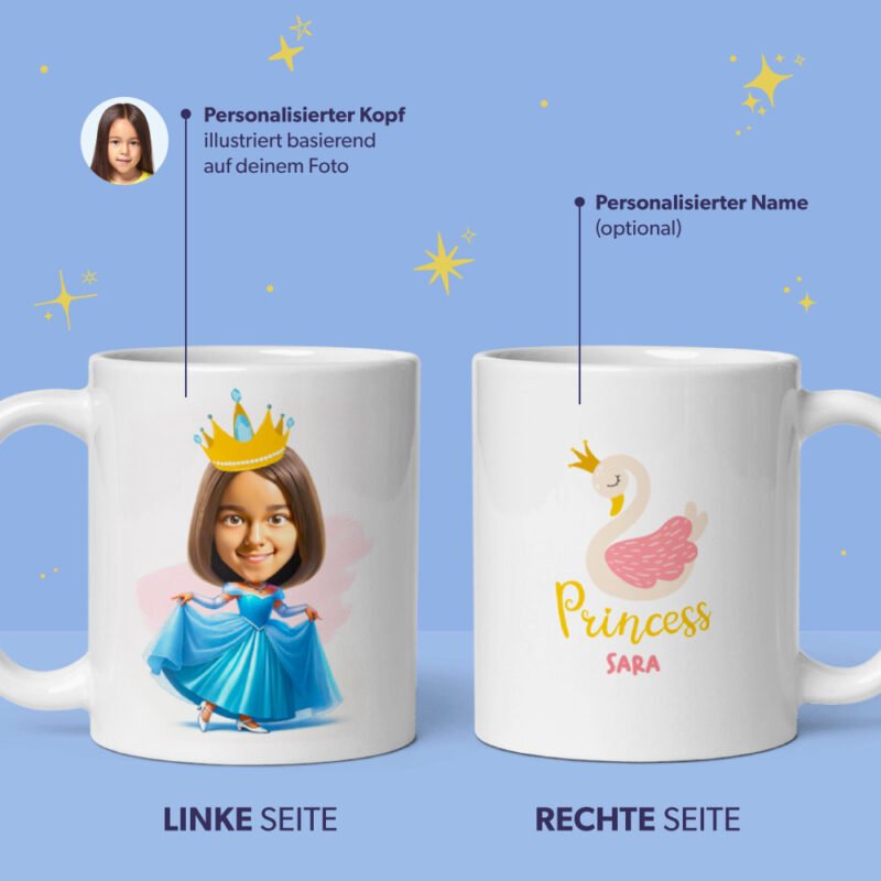 Prinzessin Tasse - Personalisiert von Ihrem Kind Foto - Personalisierte Illustration mit Prinzessin Krone und mit Namen