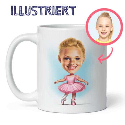 Illustration des kleinen Ballerina-Mädchens - gedruckt auf einer benutzerdefinierten Tasse - mit "Mädchen"-Zitaten auf einer rechten Seite der Tasse gedruckt