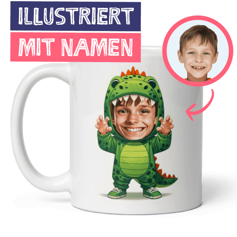 Dinosaurier Becher - Illustration von Jungen oder Mädchen im Dinosaurier Kostüm - mit personalisiertem Namen auf der rechten Seite des Bechers