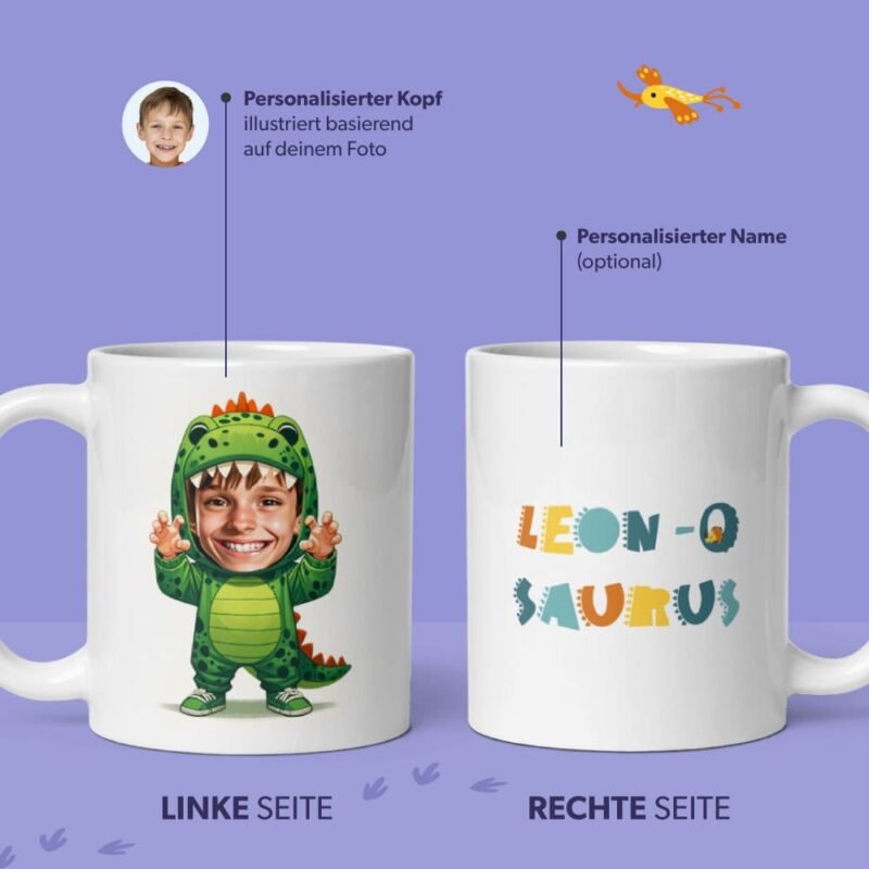 Dino Becher - Personalisierter Dinosaurier Becher für Kinder - Illustration von Ihrem Foto im Dinosaurier Kostüm mit individuellem Namen