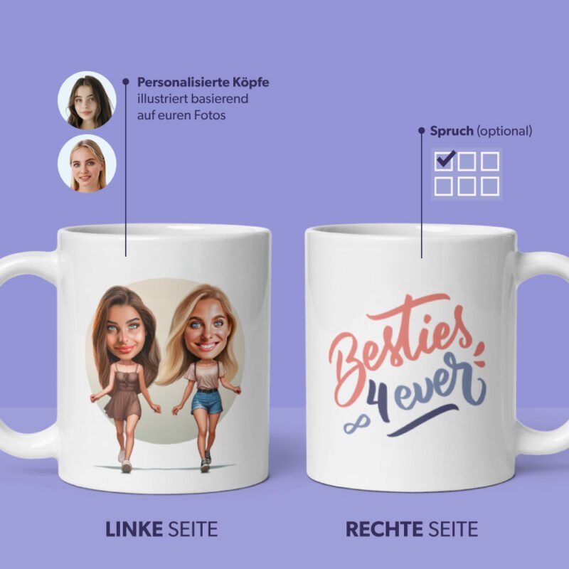 Personalisierte Tasse für 2 beste Freundinnen - illustriert aus Fotos, benutzerdefinierten Köpfen und wählen Sie ein benutzerdefiniertes Zitat für "beste Freunde"