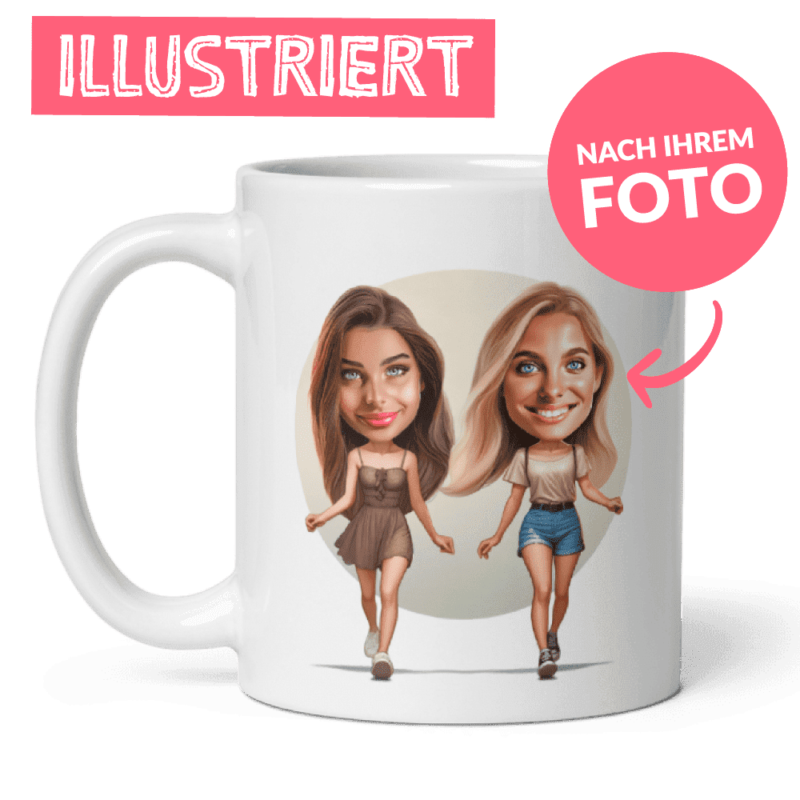 personalisierte Kaffeetasse für zwei beste Freundinnen - Illustration von ihnen zusammen auf ihren Fotos