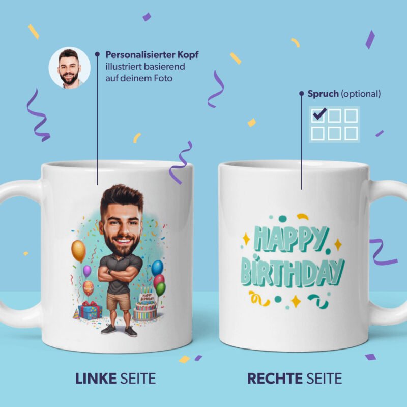 Geburtstagstasse für Mann - illustriert von Ihrem Foto mit Geburtstagselementen im Hintergrund, mit benutzerdefinierten "Geburtstag" -Zitaten