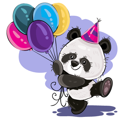 Illustration eines niedlichen kleinen schwarz-weißen Pandas mit Geburtstagsmütze, der bunte Geburtstagsballons hält