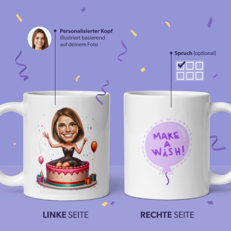 Alles Gute zum Geburtstag Tasse für Frauen - personalisiert illustriert vom Foto - Illustration der Frau, die in Geburtstagstorte sitzt, mit Geburtstagselementen im Hintergrund und benutzerdefinierten "Geburtstag" -Zitaten