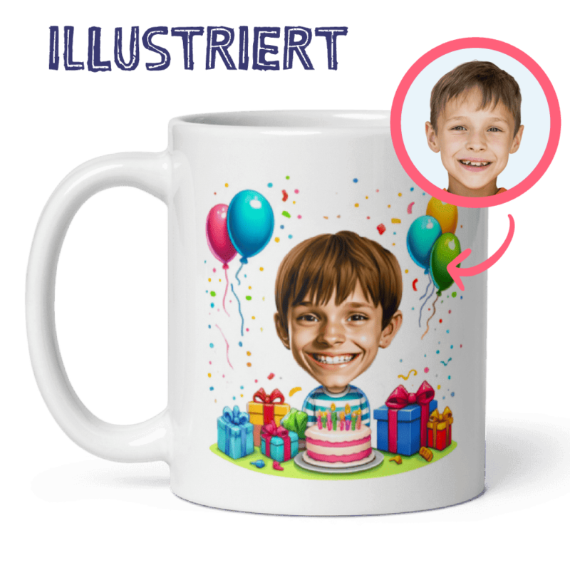 Personalisierte Geburtstagstasse - kleine Junge Illustration vom Foto mit Geburtstagselementen in der Illustration und benutzerdefinierten "Alles Gute zum Geburtstag" Zitate