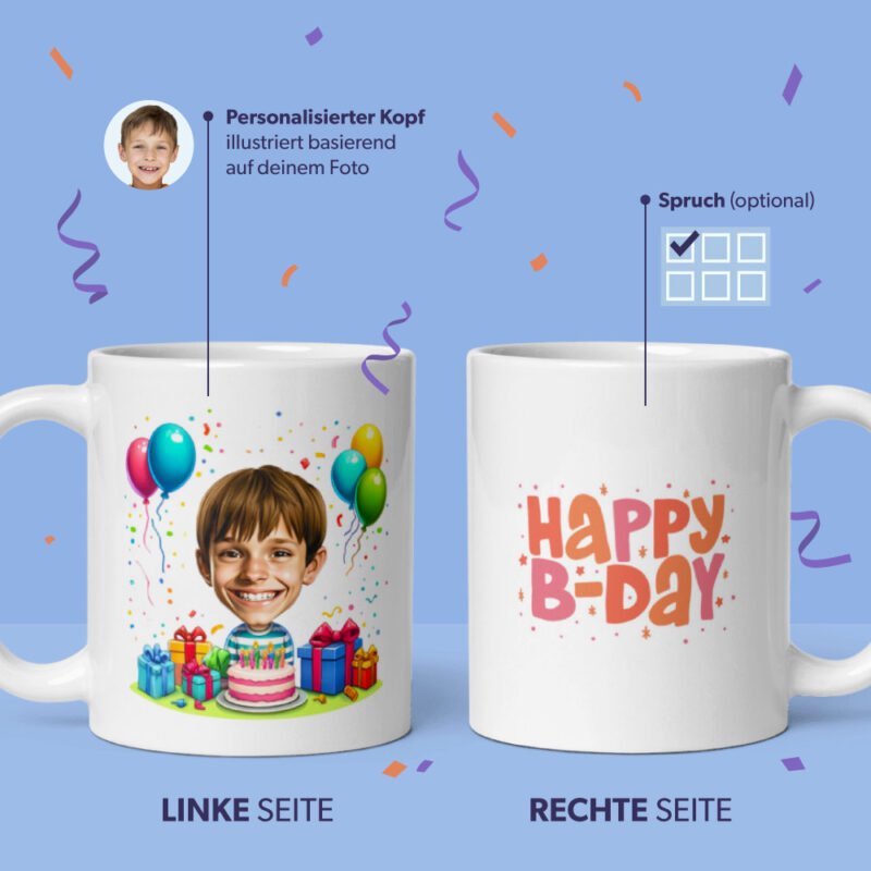 Personalisierte Geburtstagstasse für Jungen - Illustration von Ihrem Foto mit Geburtstagselementen und Geburtstagsthemenhintergrund und benutzerdefiniertem Geburtstagszitat